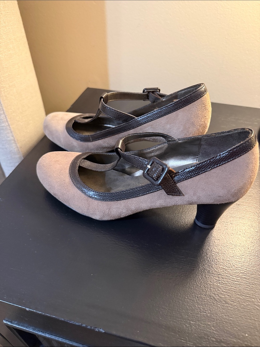 Naturalizer Taupe Suede Mary Jane Heels with Dark Brown Trim
